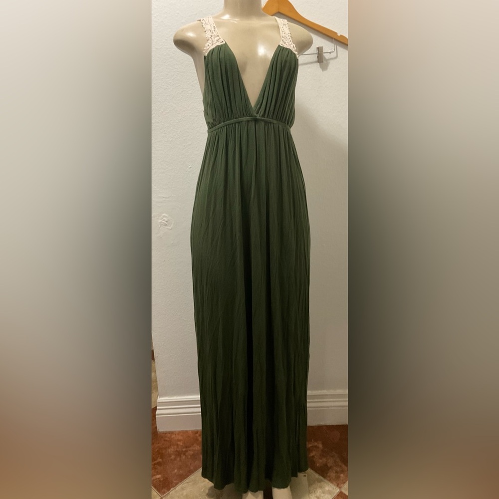 love...ady women’s Dark Green Maxi dress with crochet cream lace size M